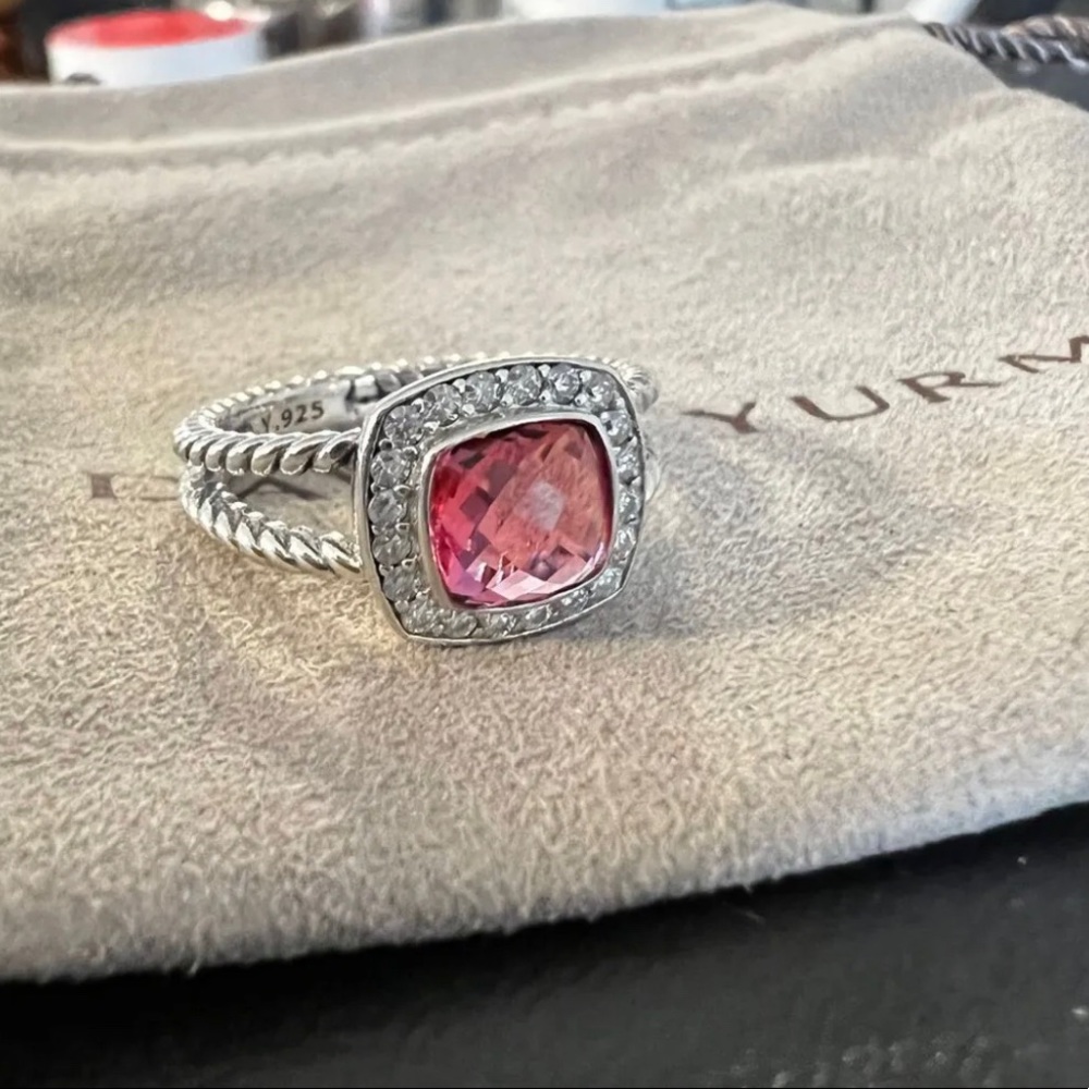 David Yurman Sterling Silver 7mm Albion Ring Pink Tourmaline & Diamond size 6.5
